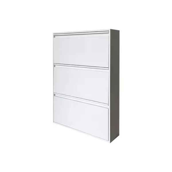 White storage cabinet with three sliding drawers, viewed from the side to show depth and design