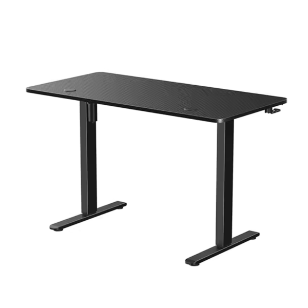 Minimalist black standing desk with carbon fiber texture and adjustable height controls