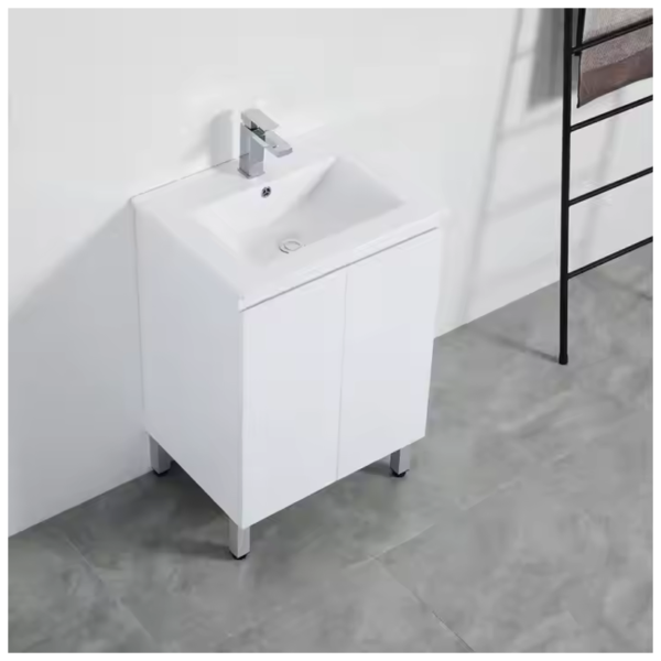 Top view of a white bathroom vanity cabinet with a sink and modern faucet, offering functional storage