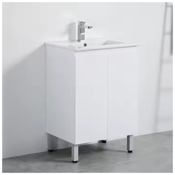 White bathroom vanity cabinet with a sink and modern faucet, offering stylish storage solutions