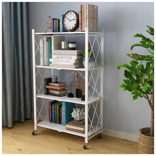 White metal shelving unit with books, decor, and plants in a living room