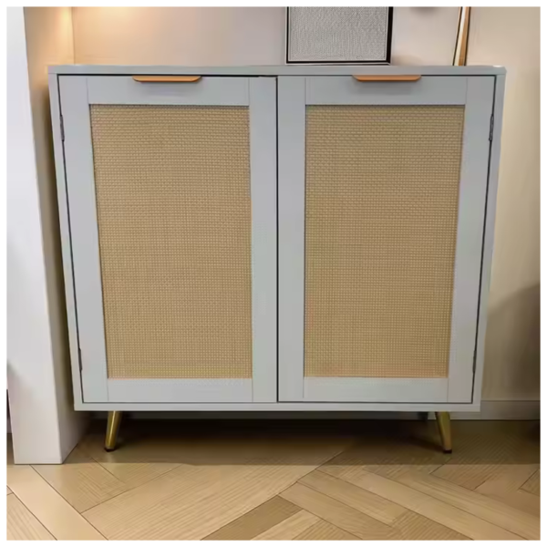 White and rattan storage cabinet with gold handles and legs