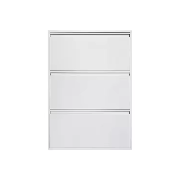 White storage cabinet with three sliding drawers, offering a sleek and modern design for organization