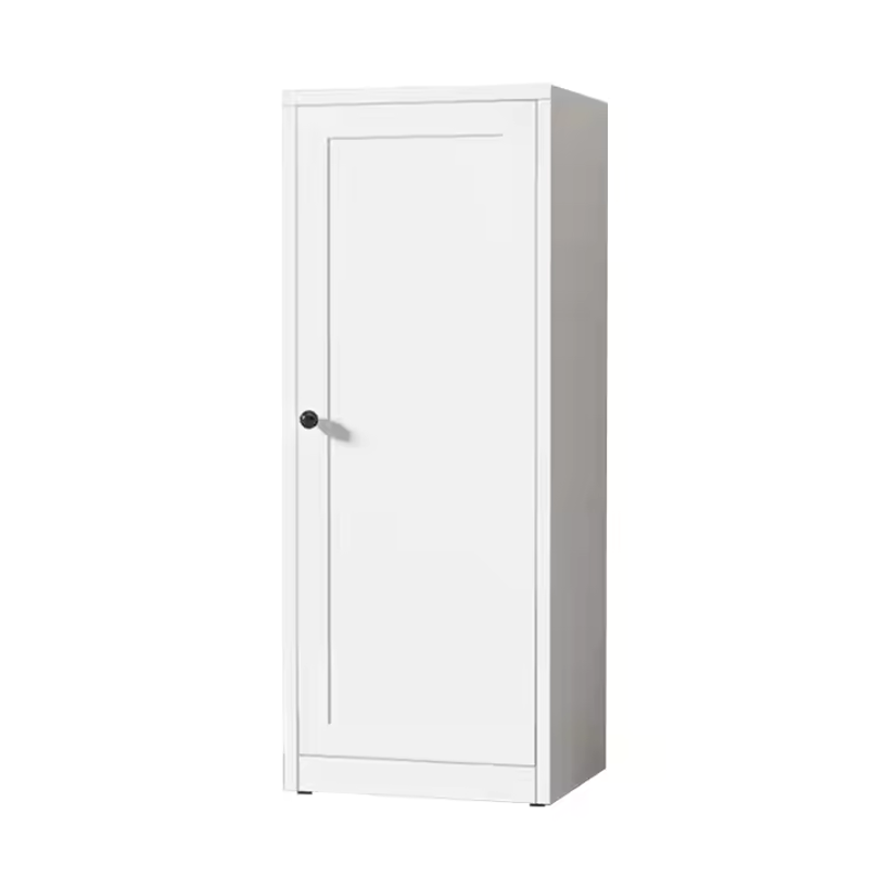 White storage cabinet with a single door and a black knob