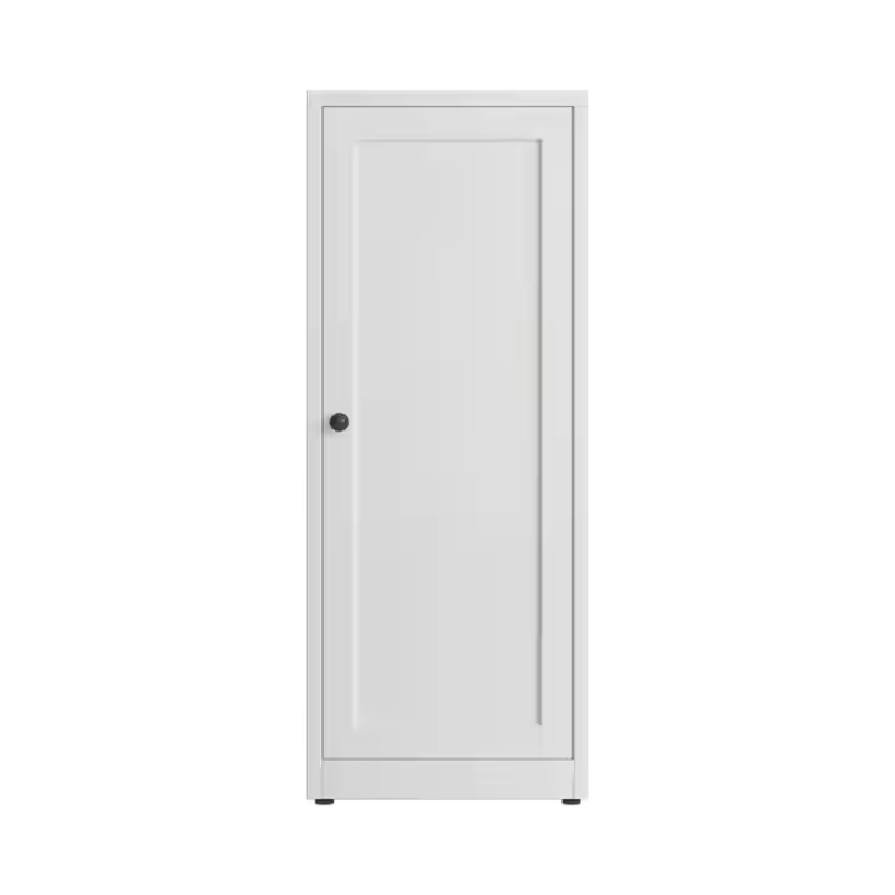 White tall storage cabinet with a single door and a black knob