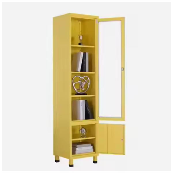 Yellow storage cabinet with open and closed compartments, showcasing books and decorative items