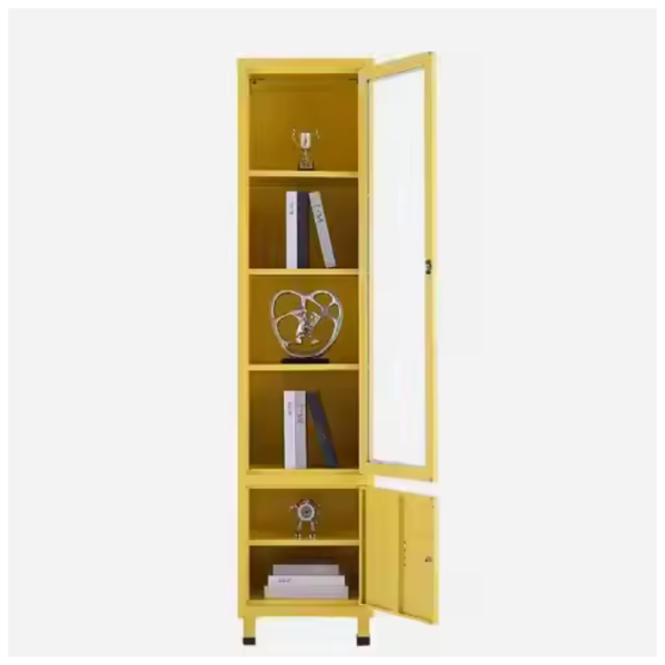 Yellow storage cabinet with glass shelves and lower compartment
