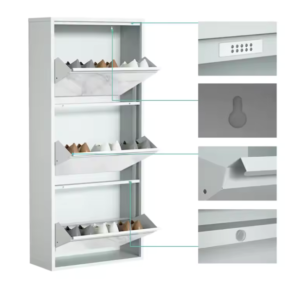 Modern white storage cabinet with adjustable shelves and a keyless lock, ideal for organizing shoes or other small items