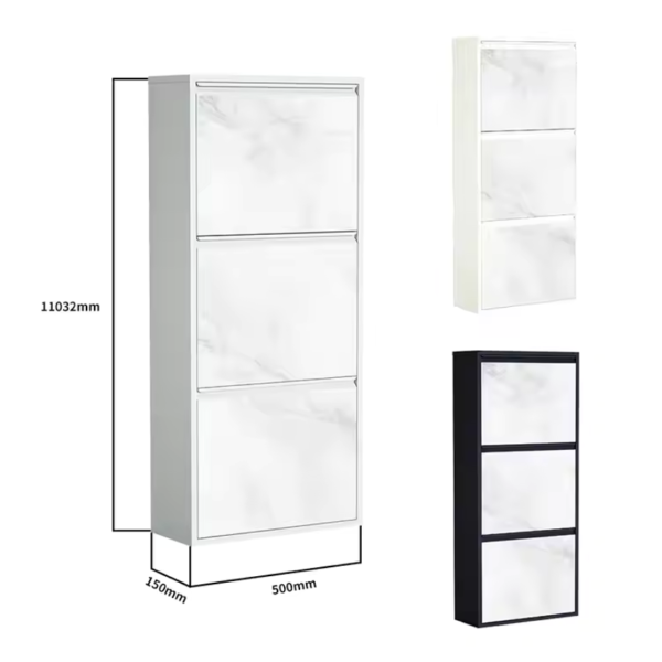 Adjustable white storage cabinet with three spacious drawers, dimensions shown for reference, also available in black