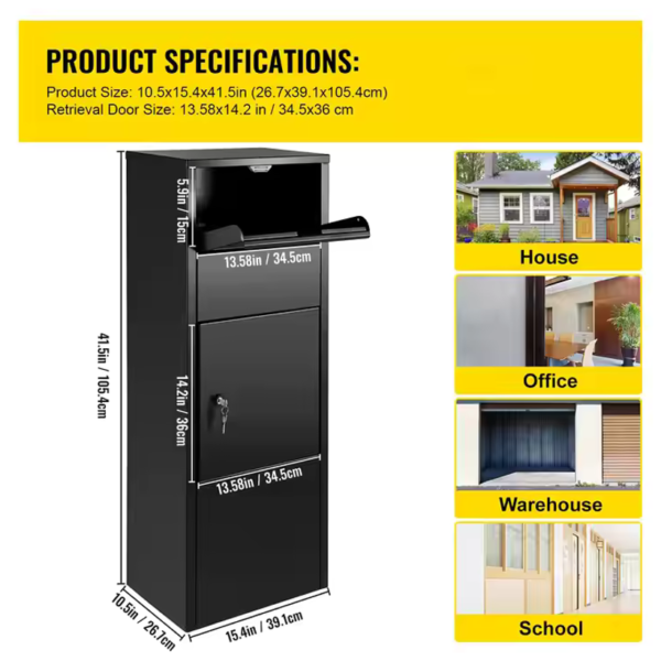 Black storage cabinet with key, product specifications, and multiple usage scenarios