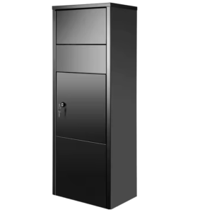 Black storage cabinet with a lock and multiple compartments