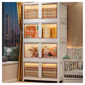 Stacked corner storage cabinet with clear doors, showcasing diapers and stuffed toys in a nursery room