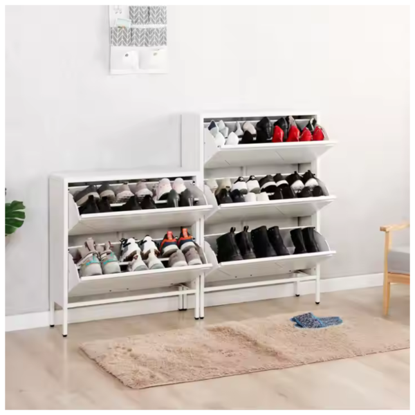White shoe rack with several pairs of shoes organized on shelves