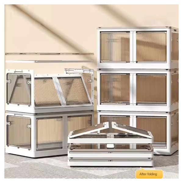 Foldable corner storage cabinet with clear doors, stacked in a room to maximize space