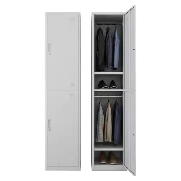 Gray metal lockers with compartments for hanging clothes and storage shelves