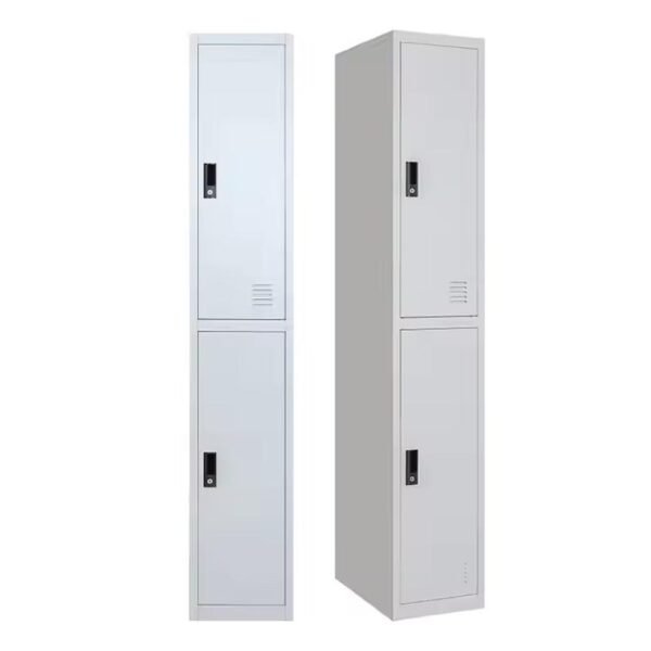 Gray metal storage lockers with two compartments and secure locking design