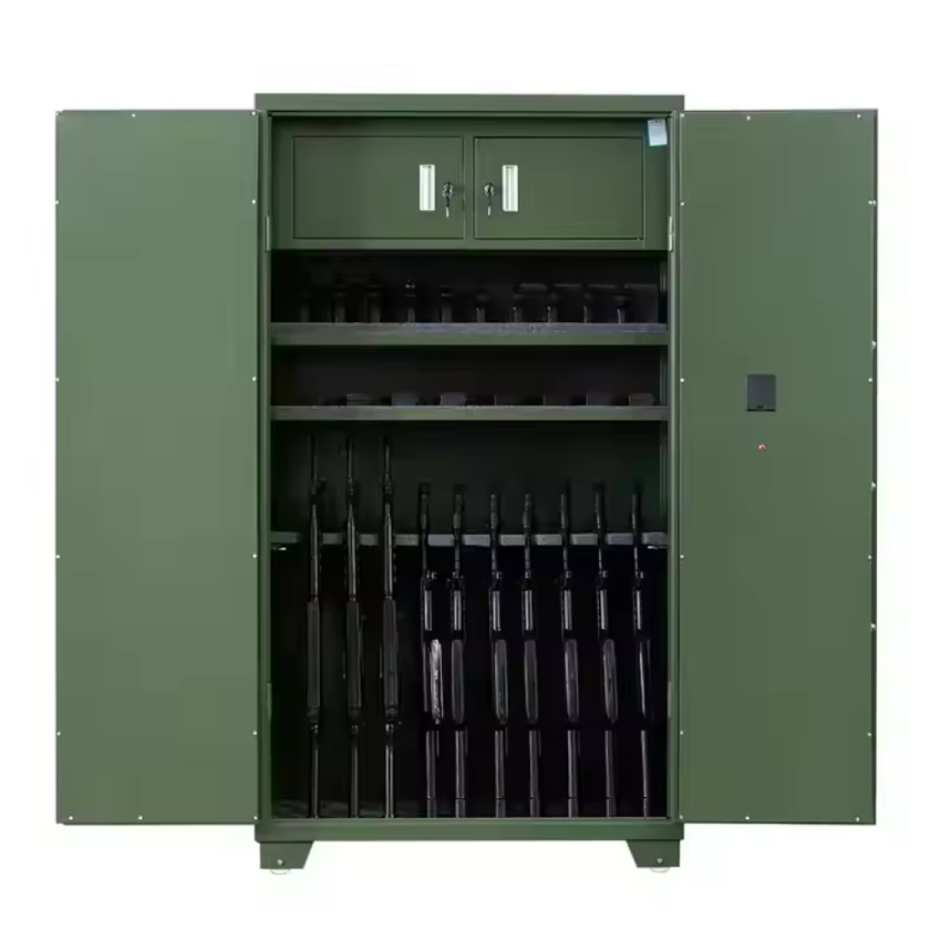 Green metal storage cabinet with multiple adjustable shelves, featuring a top compartment and storage space for rifles.