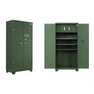 Green metal storage cabinet with a keypad lock, featuring multiple adjustable shelves and empty spaces.