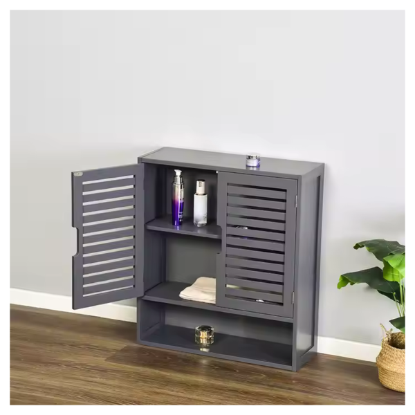 Grey storage cabinet with open shutter doors, shelves holding bottles and towels