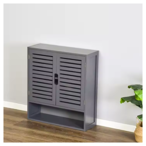 Small grey storage cabinet with shutter doors and an open bottom shelf