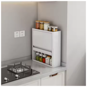 Kitchen storage cabinet with spice jars and condiments