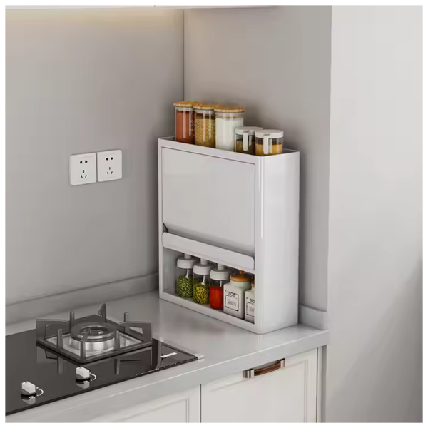 Kitchen storage cabinet with spice jars and condiments