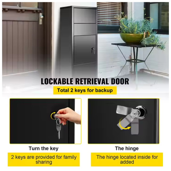 Lockable retrieval door storage with two keys for backup and internal hinge for added security
