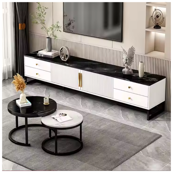Luxurious TV stand with a black marble top, white base, and golden accents