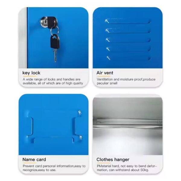Features of a metal locker: key lock, air vent, name card slot, and clothes hanger