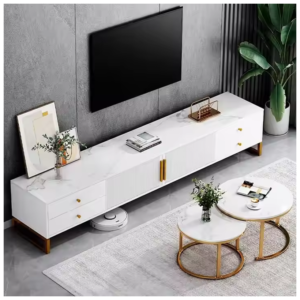 Modern TV stand with golden handles, a minimalist design, and a sleek white finish