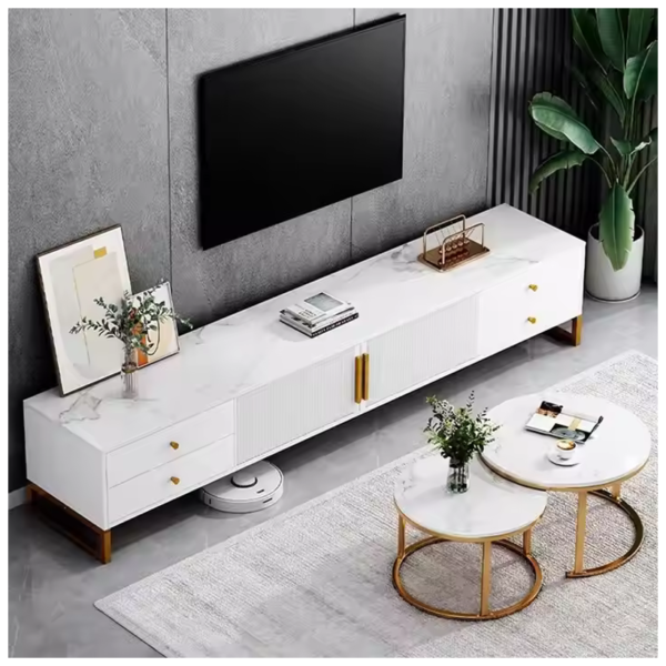 Modern TV stand with golden handles, a minimalist design, and a sleek white finish
