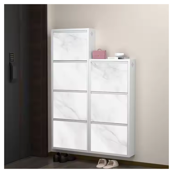 Modern white marble storage cabinet with sleek drawers in a contemporary entryway