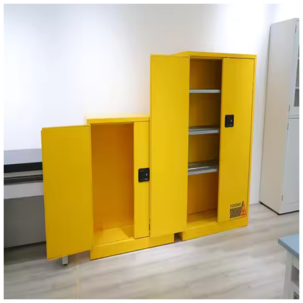 Open yellow flammable storage cabinets with multiple shelves