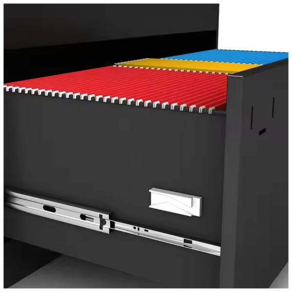 Close-up of file folders organized in a black filing cabinet drawer