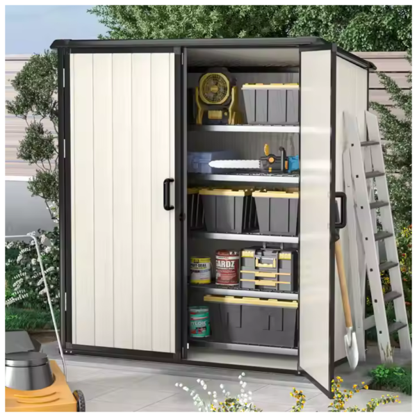 Outdoor storage shed filled with garden tools and supplies