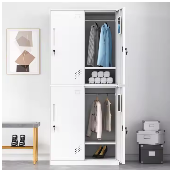 White metal locker with hanging space and shelves