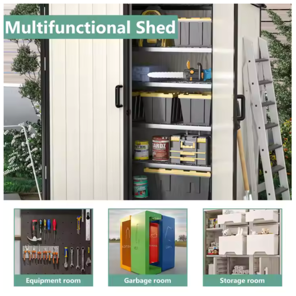 Multifunctional outdoor shed with organized tool and storage rooms