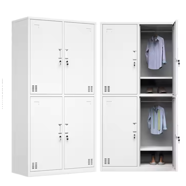 White double locker with hanging rods and shelves