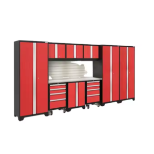 Red and black garage storage cabinet system with multiple cabinets, drawers, and a workbench, shown from the side
