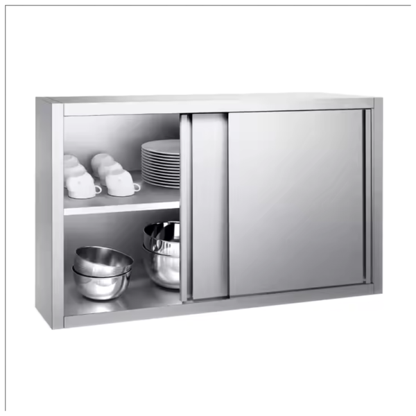 Silver sliding door cabinet with dishes and cups