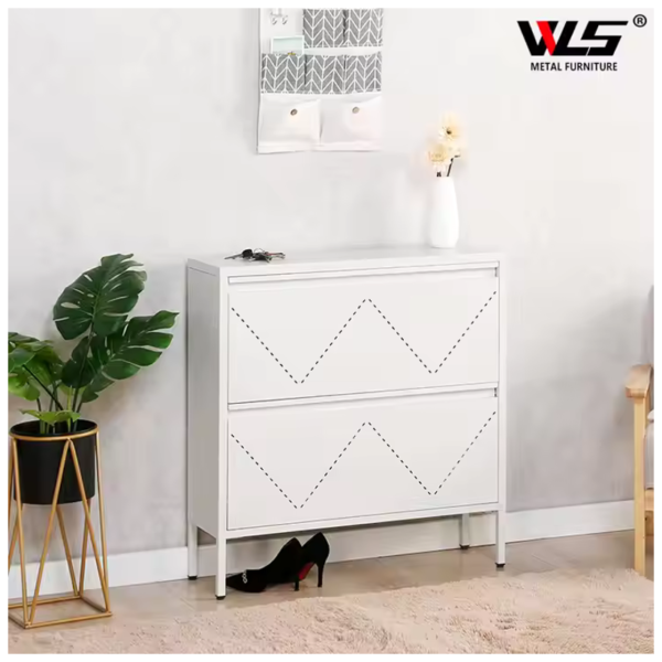 White 2-drawer storage cabinet with geometric pattern, placed in a living room