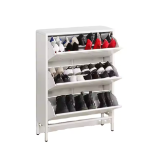 White shoe storage rack with multiple pairs of shoes on display