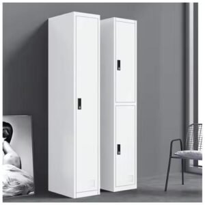 Minimalist modern white storage cabinet, perfect for home or office organization with a lock design