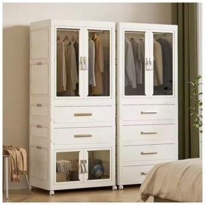 White wardrobe with glass doors and drawers for clothes and storage