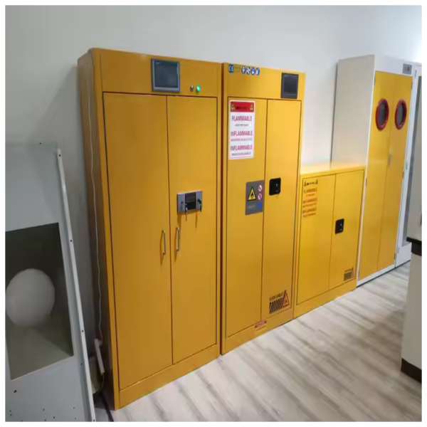 Yellow flammable storage cabinets with safety signs and secure lock systems