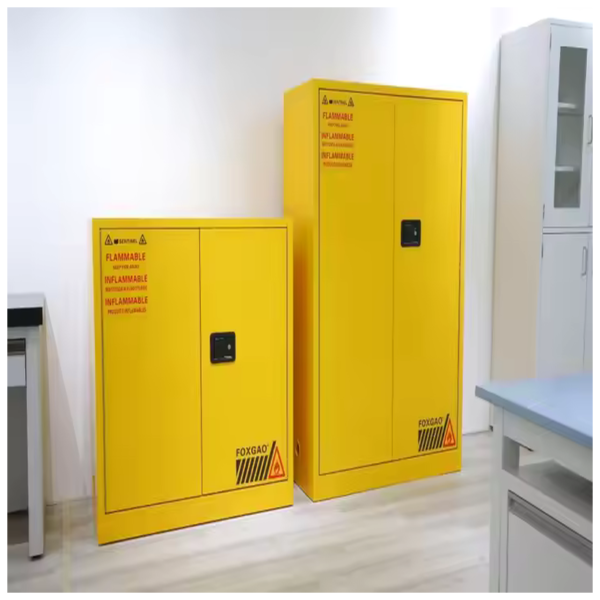 Two yellow flammable storage cabinets with warning labels and locks